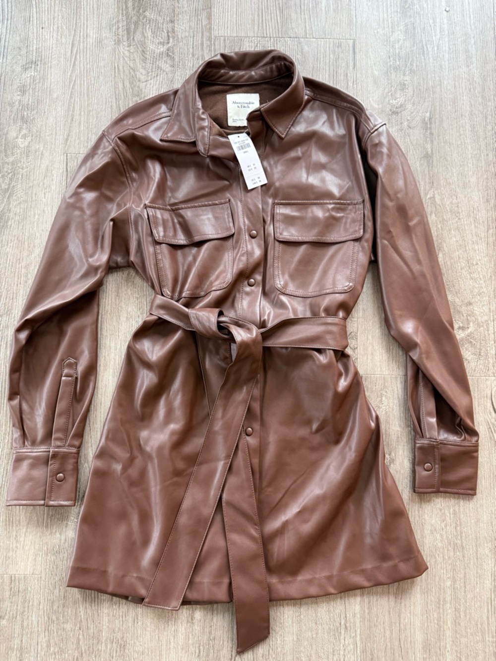 Abercrombie & Fitch Brown Faux Leather Shirt Jacket with Tie Belt